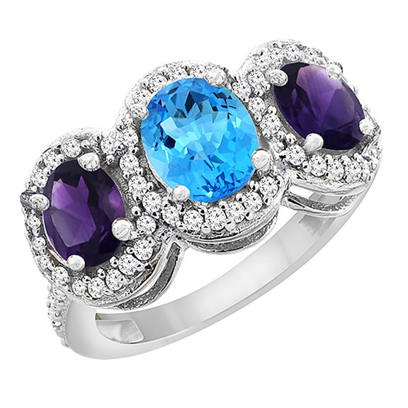 10K White Gold Natural Swiss Blue Topaz & Amethyst 3-Stone Ring Oval Diamond Accent, size 10