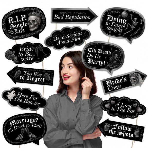 Bachelorette Party Photo Booth Props – 12 Funny Black Gothic Signs for Bride to Be, Last Fling, Wedding Shower & Girls Night Decorations