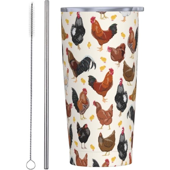 Hens Roosters And Chickens 20oz Travel Tumbler With Lid And Straw, Rooster Lover Stainless Steel Tumblers Insulated Coffee Cup Mug Gift For Men Women