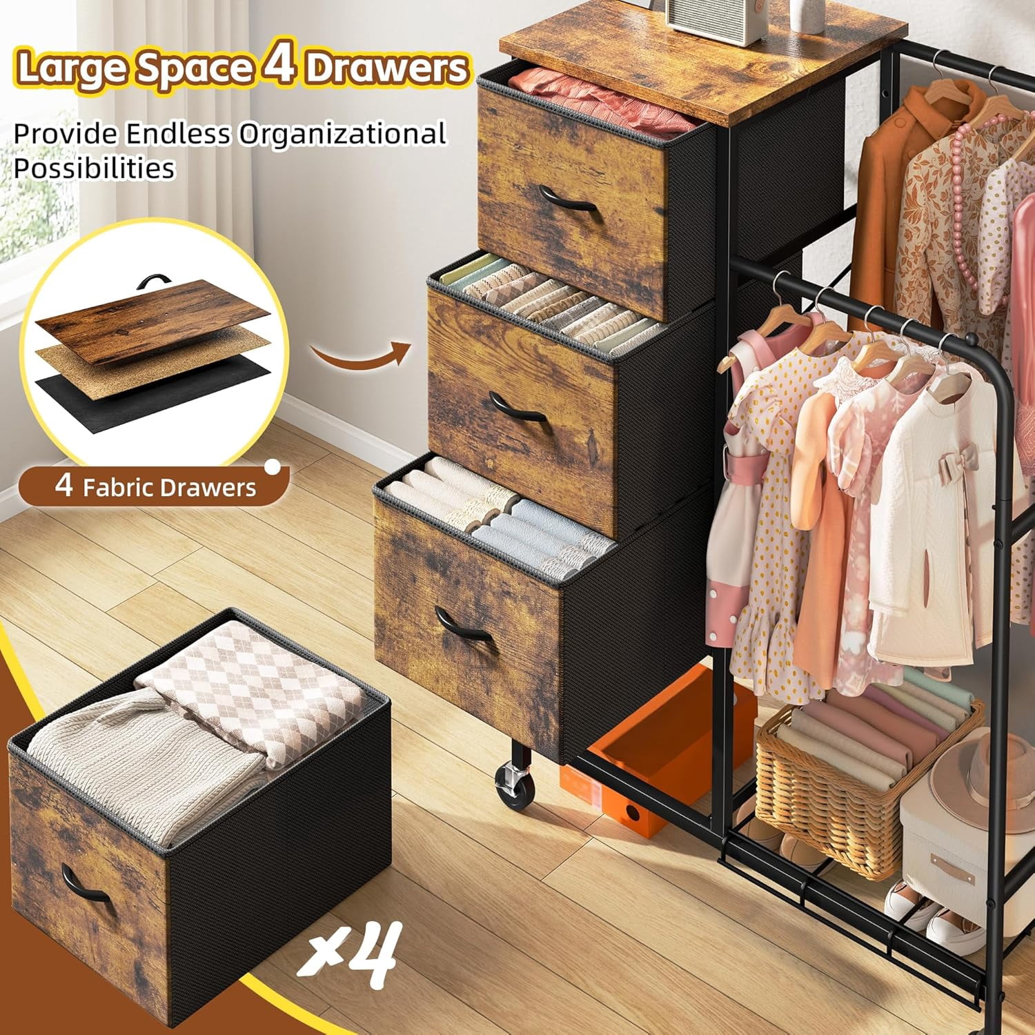 47.3" H Dresser with Hanging Rack, 4 Fabric Drawers with Double Clothes Rack & Wheels, Tall Closet Organizer Dresser for Bedroom, Entryway, Rustic Brown, 15.8" D x 29.9" W x 47.3" H