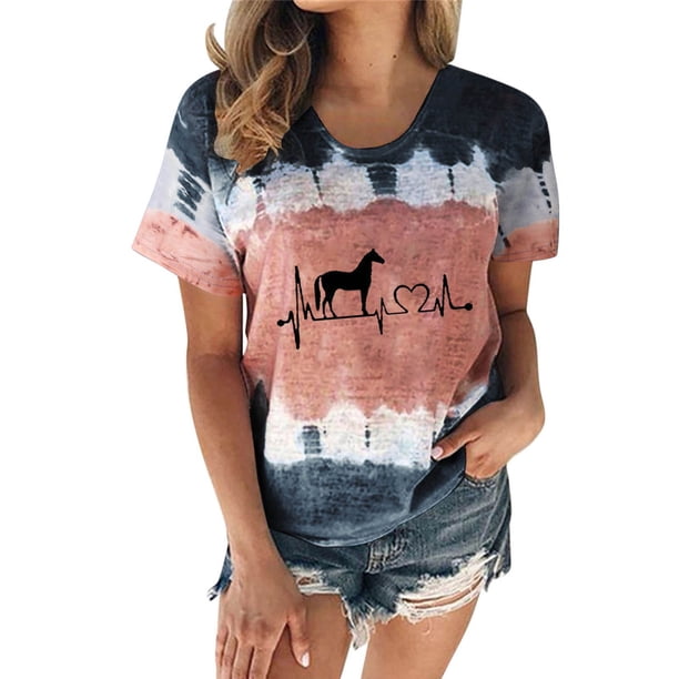 Mujeres Casual Cuello Redondo Manga Corta Estampado Jersey Blusa Camiseta Tops Sueltos OAVQHLG3B Store lin121212