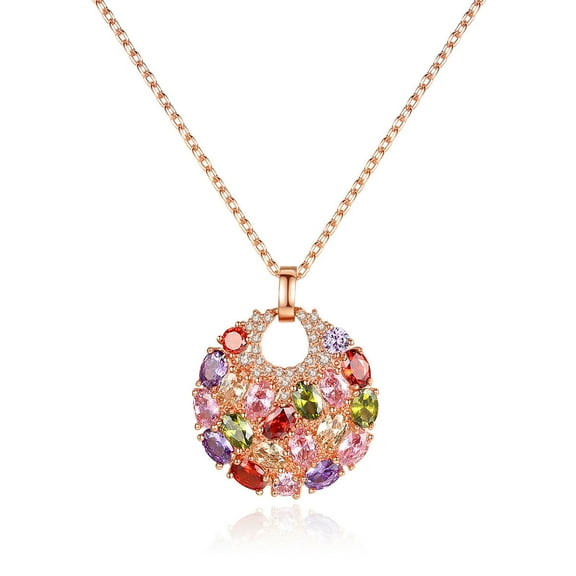 Multicolor Zircon Round Pendant Necklace for Women 18K Rose Gold Plated Copper Chain N-2013063001