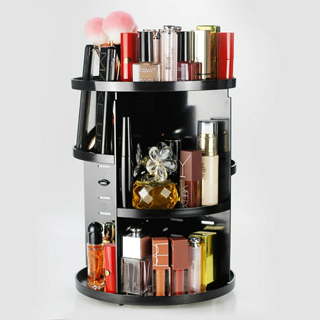 Unique Home Makeup Organizer 360 Rotating, Large Capacity, Adjustable Makeup Storage, Fit Lipsticks, Cream, Brushes, Jewerlry, Countertop Shelf, Black