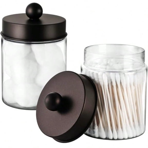 Farmhouse Decor Qtip Holder Dispenser for Cotton SwabsBalls Cotton Pads Floss - Clear Plastic Apothecary Jar for Bathroom Canister Storage Vanity Countertop Makeup Organizer-Bronze 2