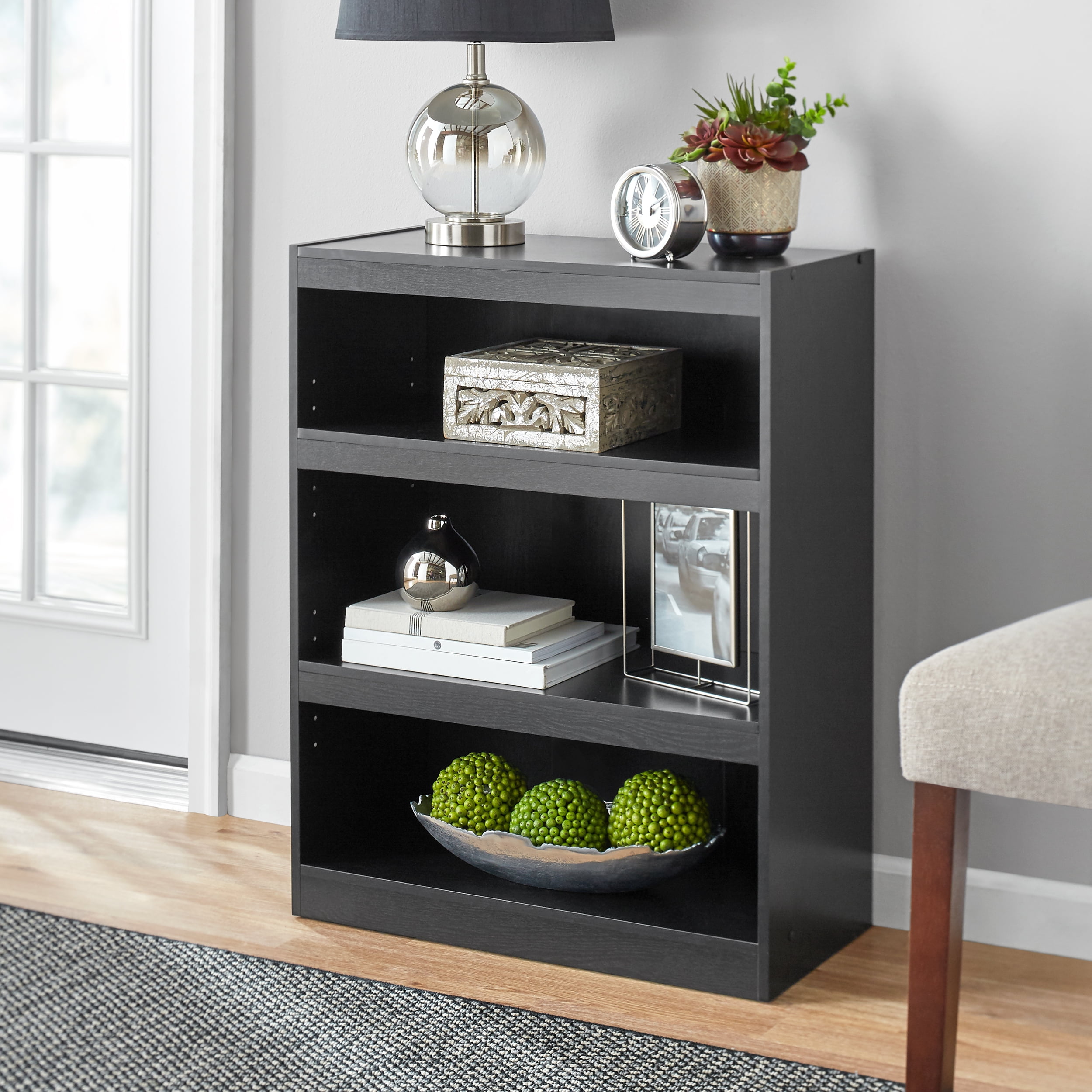 Mainstay. 3-Shelf Bookcase Black + Freebie, 3-Shelf 1 Fixed Shelf 2 Adjustable Shelves Bookcase, Wide Bookshelf Storage Wood Furniture