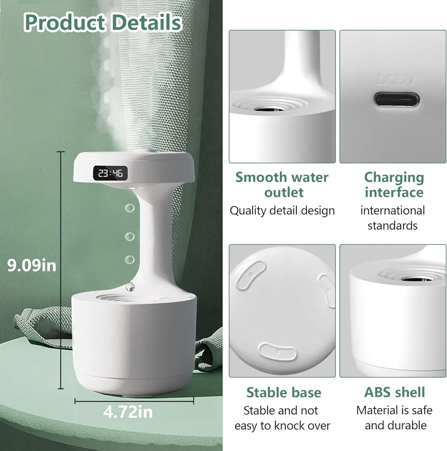 Anti Gravity Water Drop Humidifier: Upgrade Ultrasonic Anti Gravity Humidifier with LED Clock Display, Cool Mist Air Humidifier with Night Light for Home Bedroom Office (Green)