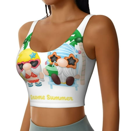 Haiem Gnomes Summer Beach1 Pattern Womens Sports Bra - U Neck Padded Low Impact Yoga Bra Workout Crop Top Gym Moisture-Wicking Workout Vest -Medium