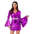 thumbnail image 1 of Fldy Robe de Danse Disco des Années 70 pour Femmes, Métallique Brillante, Col en V, Manches Évasées, Mini Robe pour Halloween, Violet m, 1 of 5