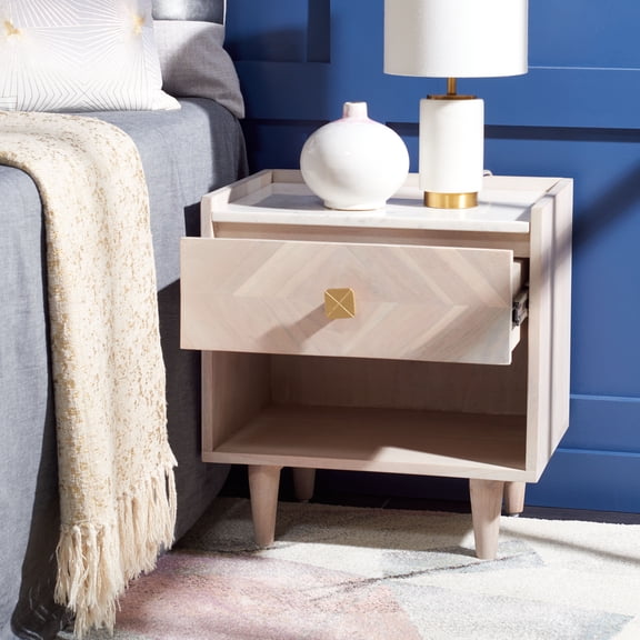 Safavieh Tahseen Parquet Mid-Century Acacia Night Stands, White Washed/Brass