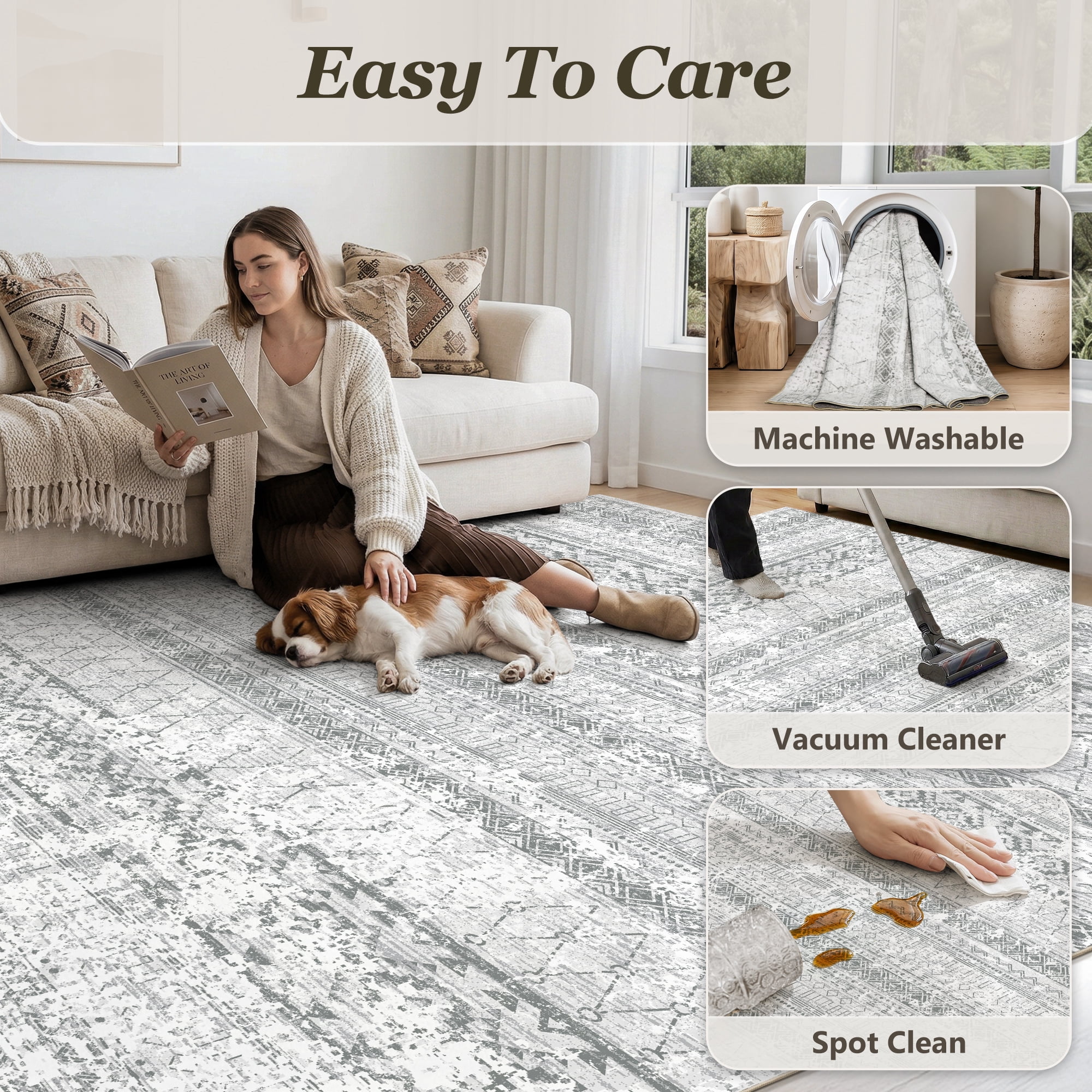 SIXHOME 5'x8' Area Rugs for Living Room Washable Rugs Boho Geometric Living Room Rug Moroccan Neutral Carpet Non Slip Soft Distressed Rugs for Bedroom Dining Room Office Modern Home Decor Gray