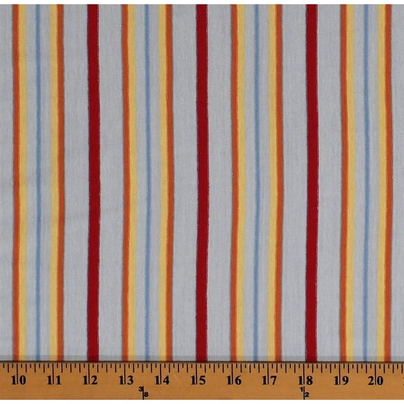 60" Uneven Stripe Red Orange Yellow Stripes on Blue Medium Weight T-Shirt Knit Cotton/Blend Fabric by the Yard (6373E-12K)