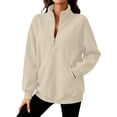 thumbnail image 2 of Inverlee Half Zip Stand Collar Sweatshirts for Women Long Sleeve Raglan Pullovers Side Pocket Solid Casual Loose Fit Tops Khaki S-XXL, 2 of 9