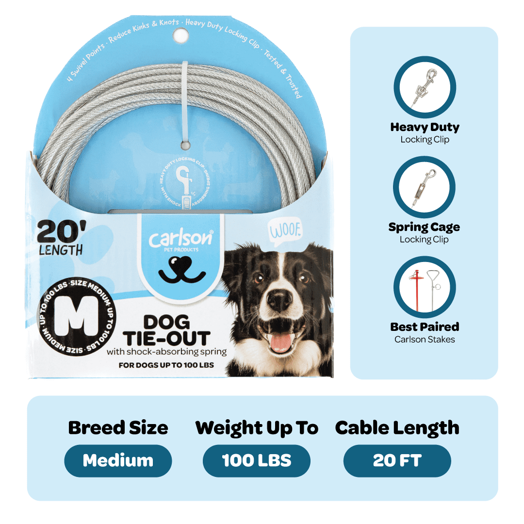 Carlson Pet Products Medium Dog Tie-Out Cable, 20 ft, for Breeds up to 100 lbs