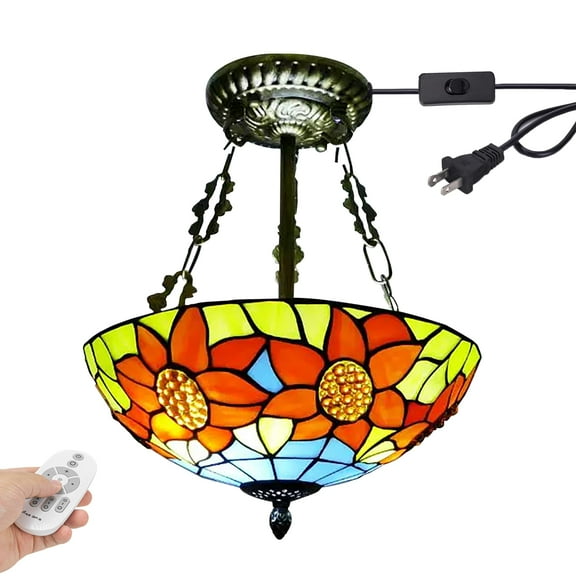 Kiven 11.8in Plug-in Flush Mount Ceiling Light Fixture, 2-Light Anti Glare Close to Ceiling Light with 15FT Cord, Tiffany-Style Glass Chandelier Dimmable for Bedroom Kitchen Hallway(No.3220)