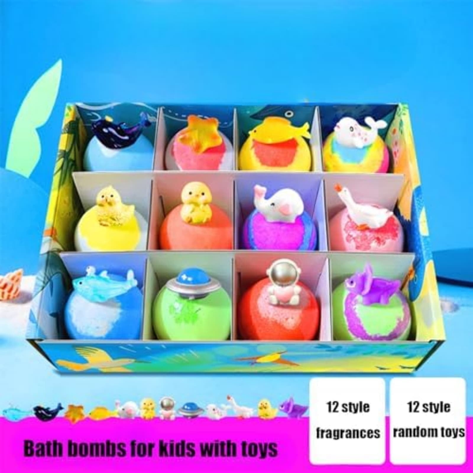 SZBAOAN 12PCs Natural Bath Bombs Box Set,Bath Salt Ball with Mega Bubbles & Hidden Surprise Inside,Bath Bombs Set with Surprise Ocean Toy,Natural Ingredient Bath Salt Skin-Friendly Bathing for Family