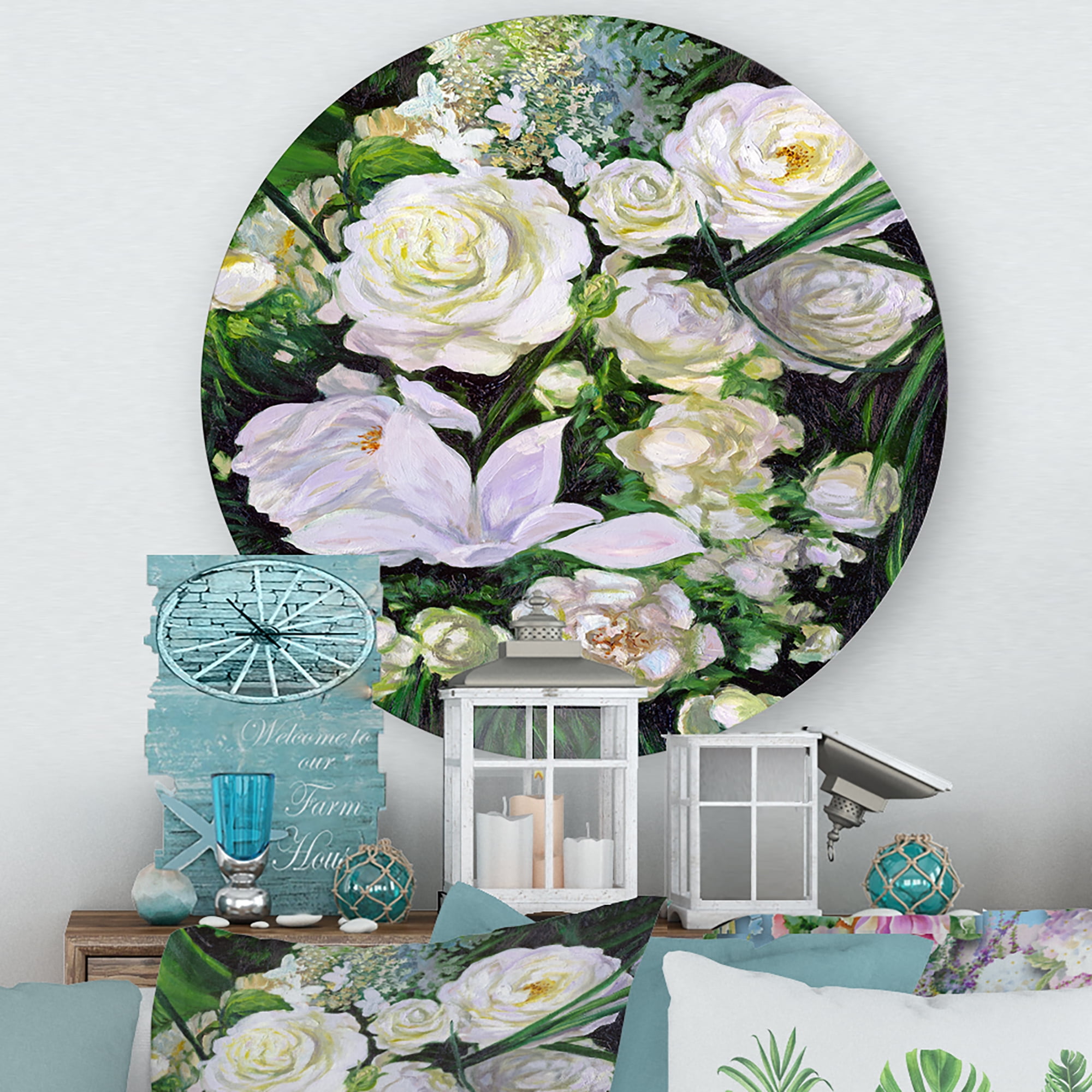 Designart 'Bouquet Of White Roses With Green Leaves' Traditional Circle Metal Wall Art 11x11 - Disc of 11