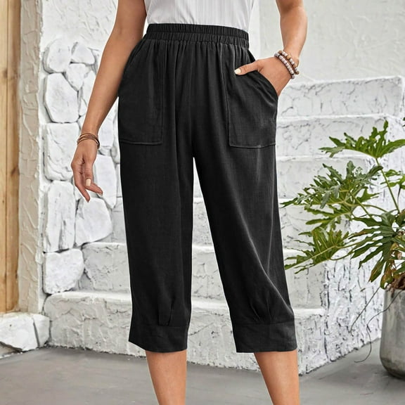 WIZUTIZ Palazzo Pants for Women Casual Capris Lightweight Leisure Relaxed Fit Wide Leg Sweatpants Elastic Spandex Mid Rise Summer Pants Solid Pleated with Pockets Palazzo Pants Pull On Clubs Black