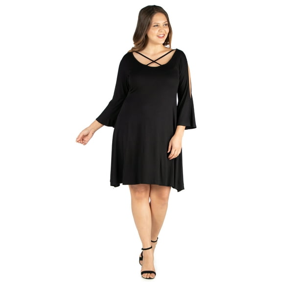 24/7 Women's Plus Size Comfort Apparel Criss Cross Neckline Cold Shoulder Plus Size Dress
