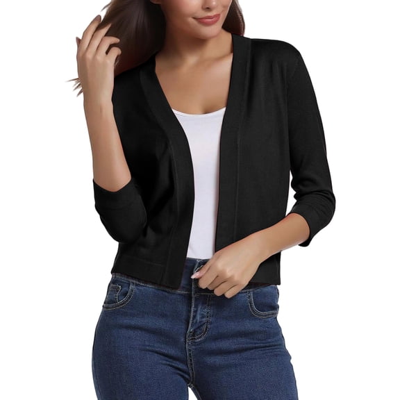 CIENVNSTG Women's Cardigan Sweater 3/4 Sleeve Open Front Cropped Sweater Lightweight Elegant Shrugs for Dress Black L