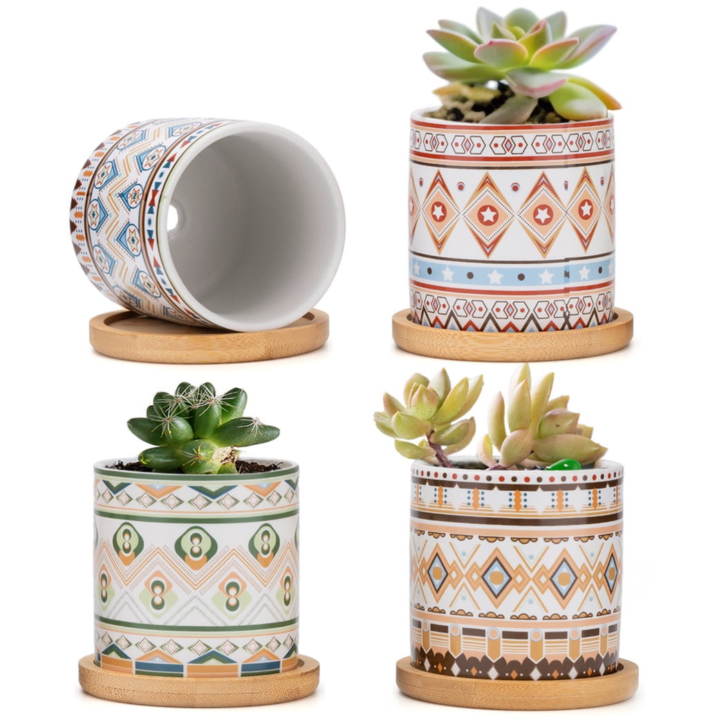 4 Pack Succulent Pots with Saucers, 3" x 3" Round Bohemian Ceramic Succulent Pot, Small Planter with Drainage Hole, Ceramic Cactus Pots, Succulent Plant Pot and Bamboo Tray Set