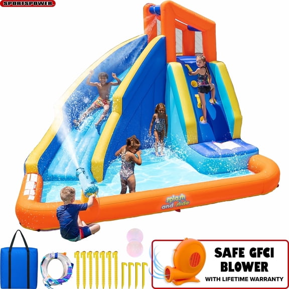 Sportspower Big Wave II Inflatable Water Slide with Climbing Wall & Splash Pool, Kids Backyard Water Park with Blower, Outdoor Ages 3–8