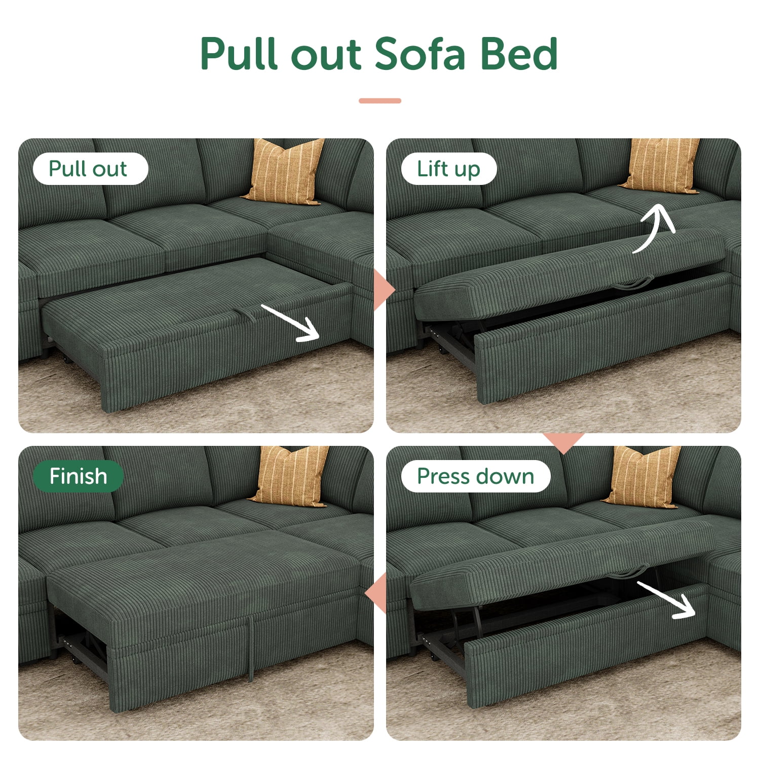 Marrber 83.4” Modular L-Shaped Corduroy Sectional Sleeper Sofa with Pull-Out Bed and Storage for Living Room, Green