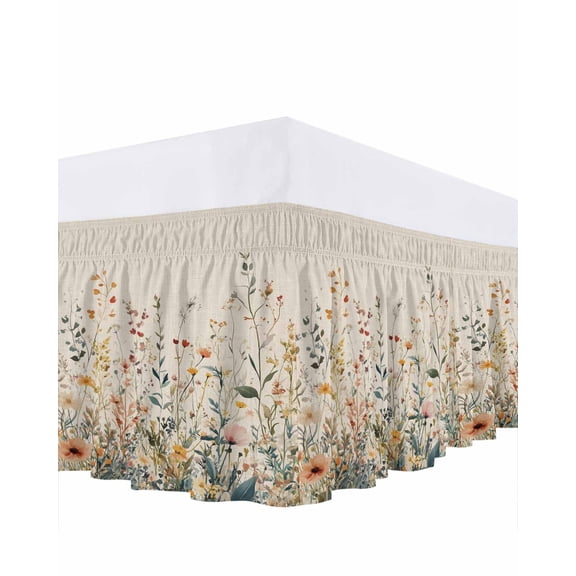Vintage Botanical Bed Skirt Queen Size, Spring Floral Summer Botanical Rustic Wrap Around Bed Skirting with Adjustable Elastic Strap, Dust Ruffle Pleated Bedskirts 16 Inch Drop for Bedroom Queen Beds