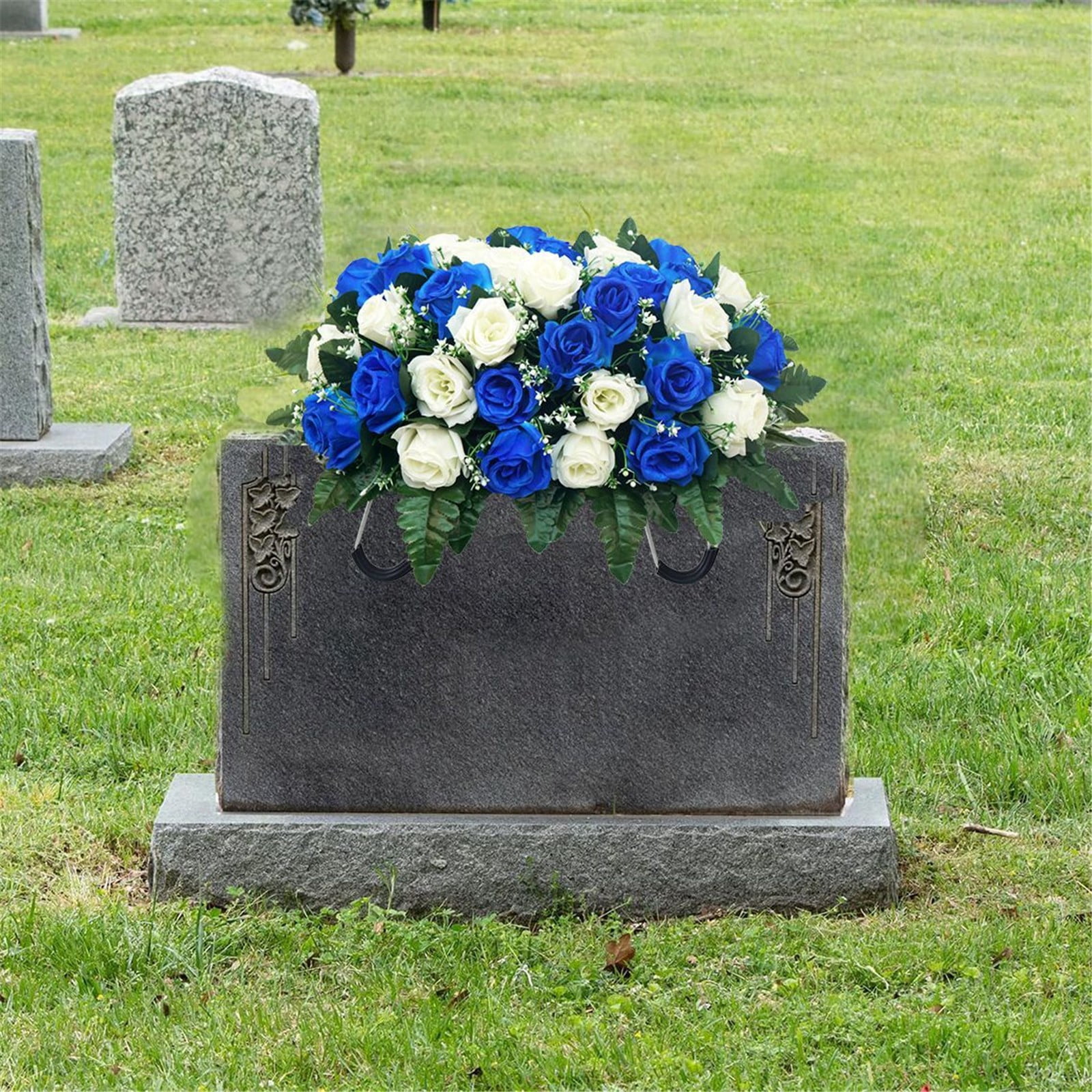 Headstone Flower Saddle, Artificial Cemetery Flowers for Grave, Artificial Rose Cemetery Memorial Flowers, Fade-Resistant UV Protected Headstone Saddle, 19.7*11.8 inch