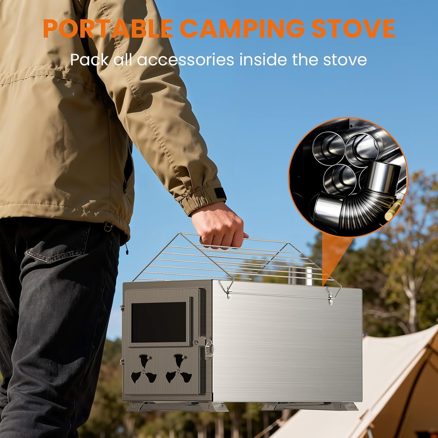 Mophoto Upgraded Wood Burning Sauna Hot Tent Stove,2 in 1 Tent Wood Burning Stove with Chimney Pipe for Outdoor Camping Heating, Camping,Hunting,Heating,Cooking,Ice Fishing,Boiling Water