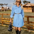thumbnail image 4 of QIYULANC Fall Pleated Denim Dresses for Women 2024 Trendy Long Sleeve Turndown Collar Button Down Dresses Casual Loose Jean Dress With Pockets, 4 of 7