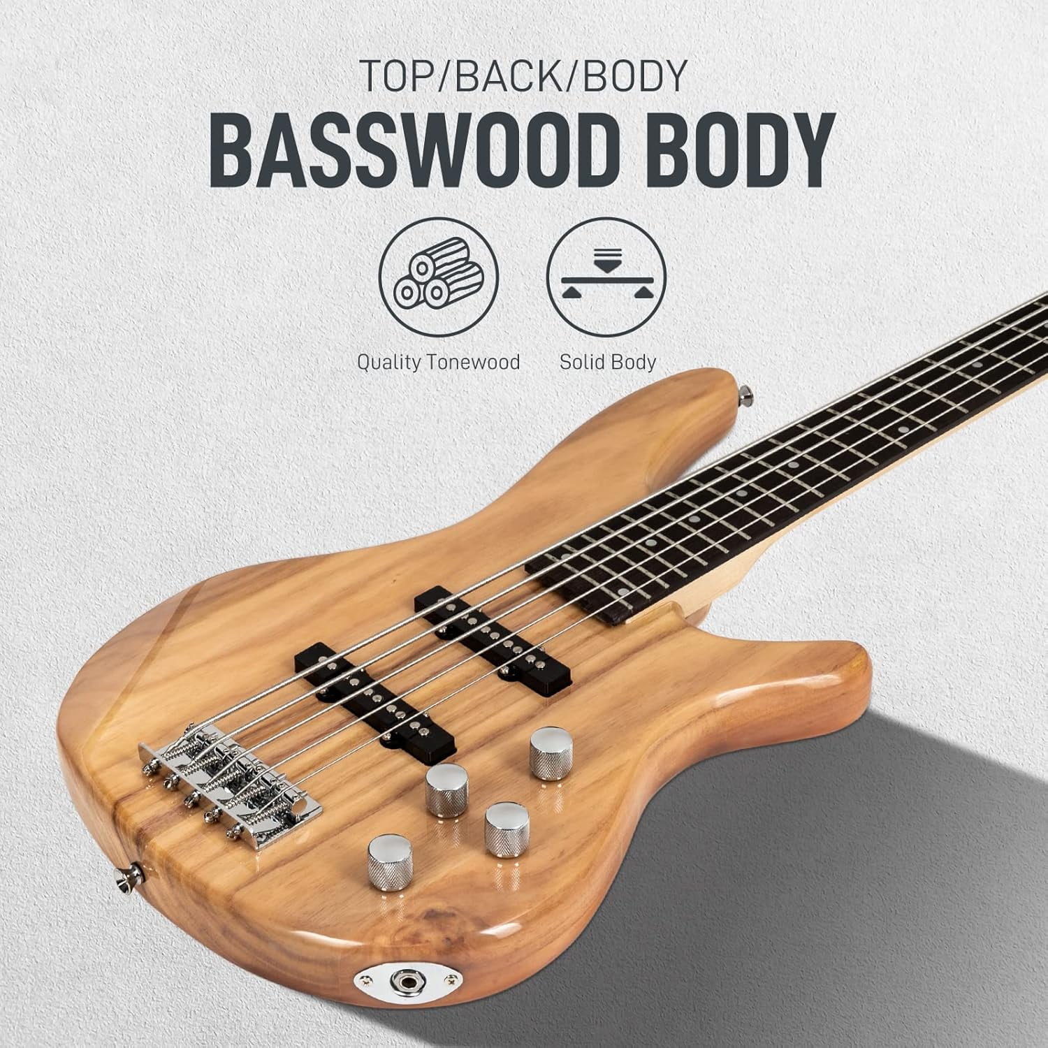 HarmonyStrings 5 String Electric Bass Guitar, Full Size Standard Right Handed Rosewood Fretboard Bass Kit with Gig Bag Strap Cable Wrench Tool Classic Burlywood