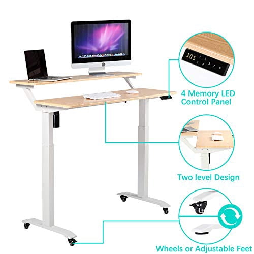 UNICOO® 2 Tier Electric Height Adjustable Standing Desk with Wheels, Electric Mobile Standing Workstation, Sit Stand Desk Home Office Desk Whole-Piece Desk Board 48 * 24 in (KT1002-LW) 2Tier