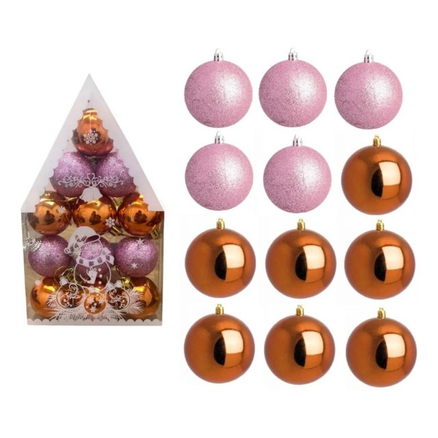 adorno navideño con esferas decorativas, tamaño x12, diseño bambalina Paquete de 12 esferas para árbol (4 cm): 5 rosadas esmeriladas y 7 naranjas lisas, cada una con gancho y cordón listos para colgar; también aptas para puertas, repisas o centros de mesa.