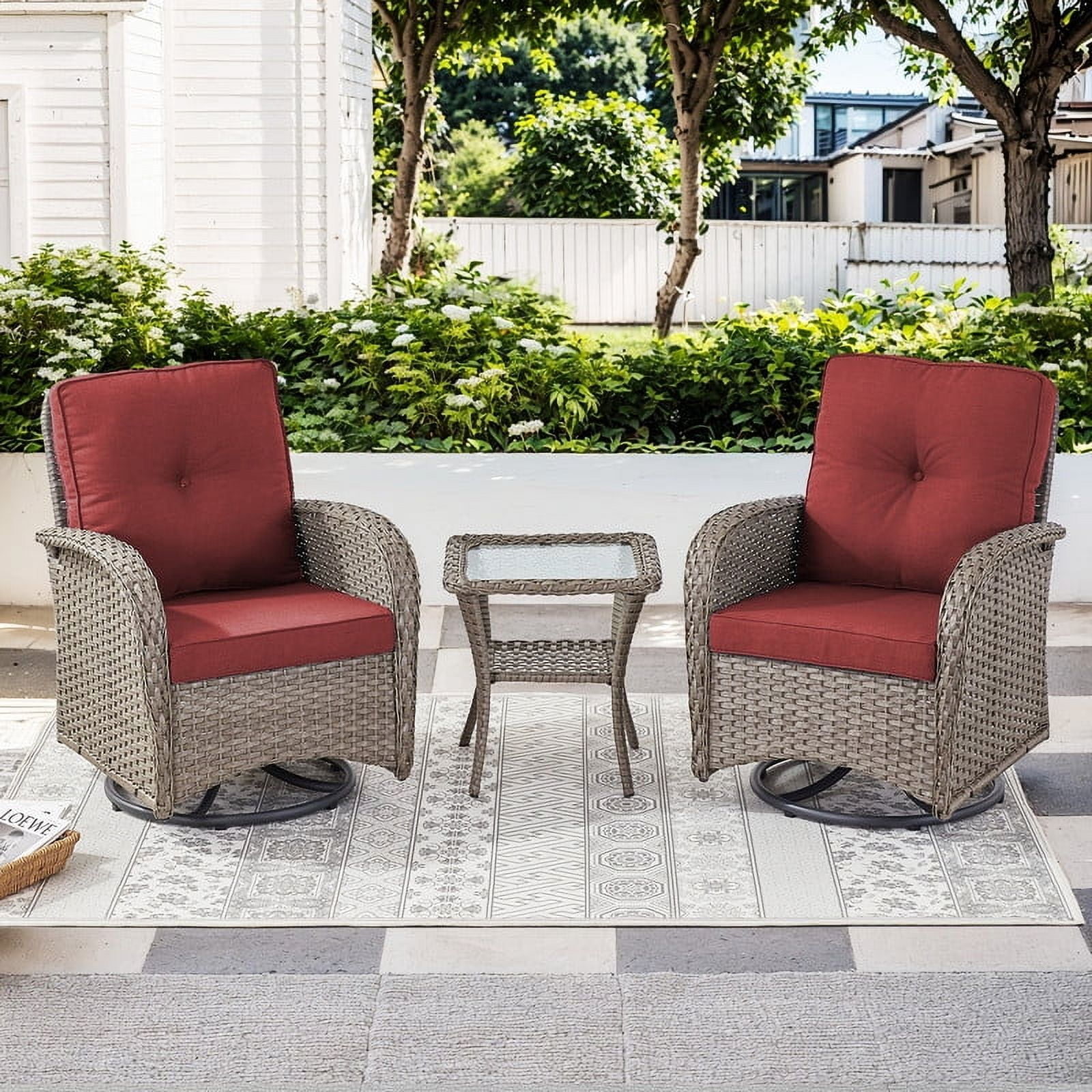 PARKWELL 6-Piece Outdoor Patio Conversation Set,Wicker 7-Seat High Back Furniture with Sofa, Swivel Gliders and Ottomans,Gray Wicker Red Cushions