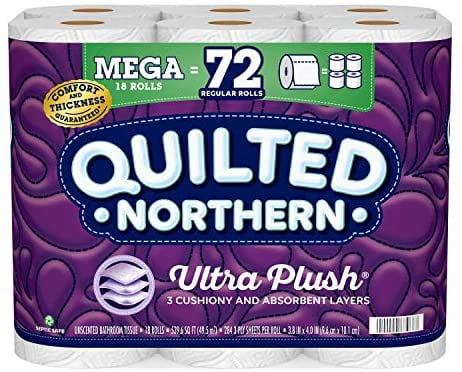 Ultra Plush Toilet Paper, 18 Mega Rolls = 72 Regular Rolls, 3-Ply Bath Tissue