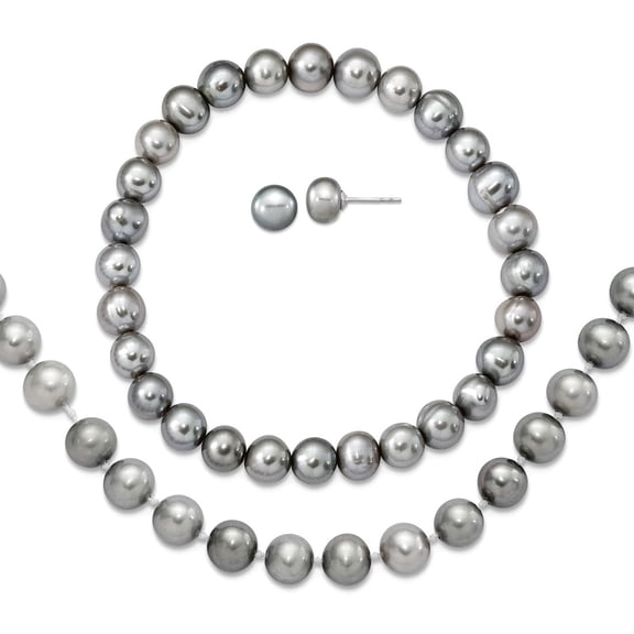 925 Sterling Silver Rhodium-p 7-8mm Grey Freshwater Cultured Pearl Earrings Bracelet Necklace Set Jewelry Set for Women