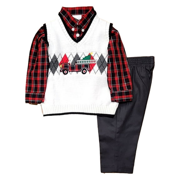 IZOD Infant Boys Dress Up Red Truck Vest Gray Pants & Shirt Outfit Set 4T