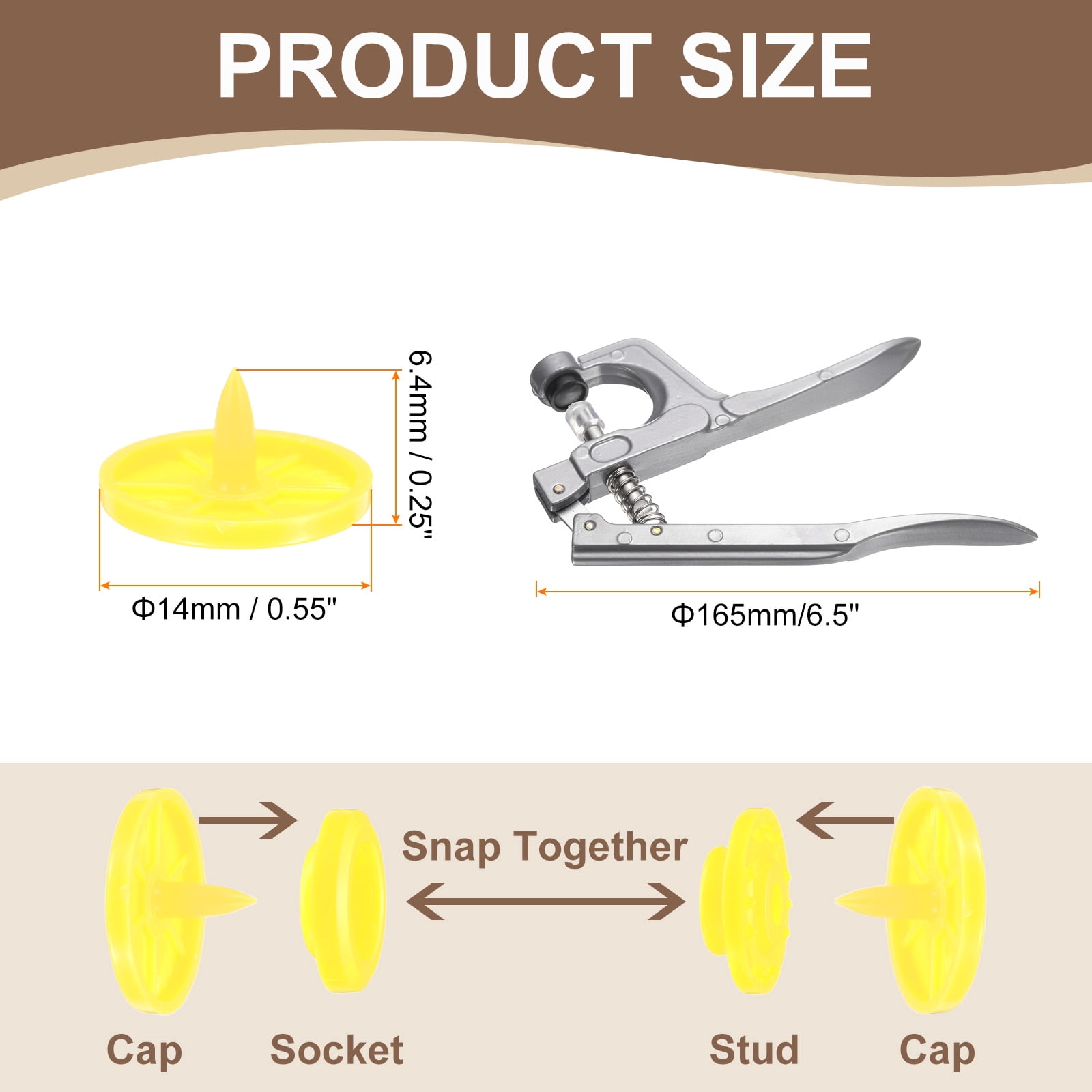 Uxcell Plastic Snaps Fasteners with Snap Pliers, 100 Set T8 Round Resin No-Sew Button Snap Fasteners Kit Yellow