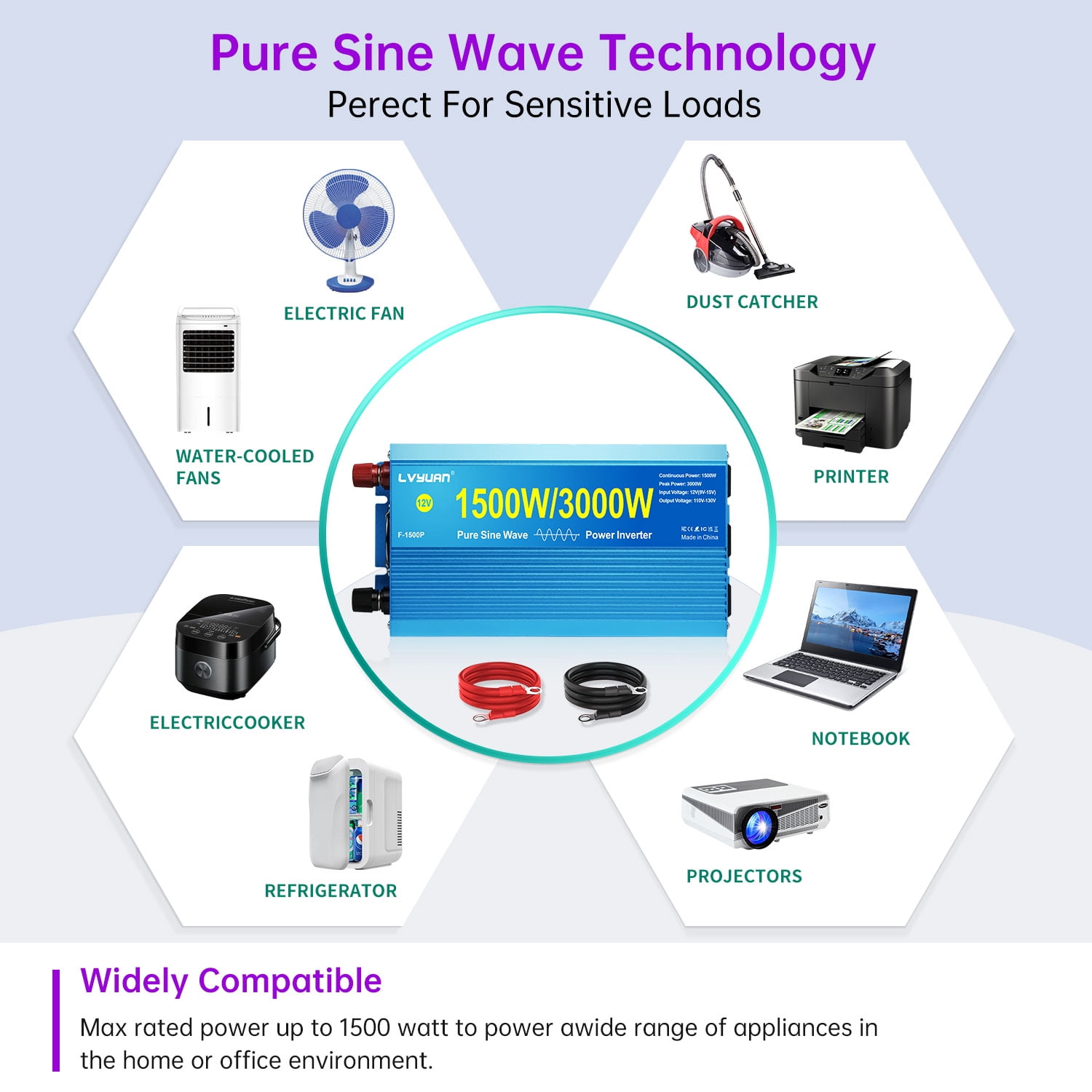 LVYUAN 1500W 3000W Surge Pure Sine Wave Power Inverter DC 12V to AC 110V Car Power Converter with 3 AC Outlets, LCD Display, Battery Converter Charger for RV, Camping, Off-Grid, Home Backup