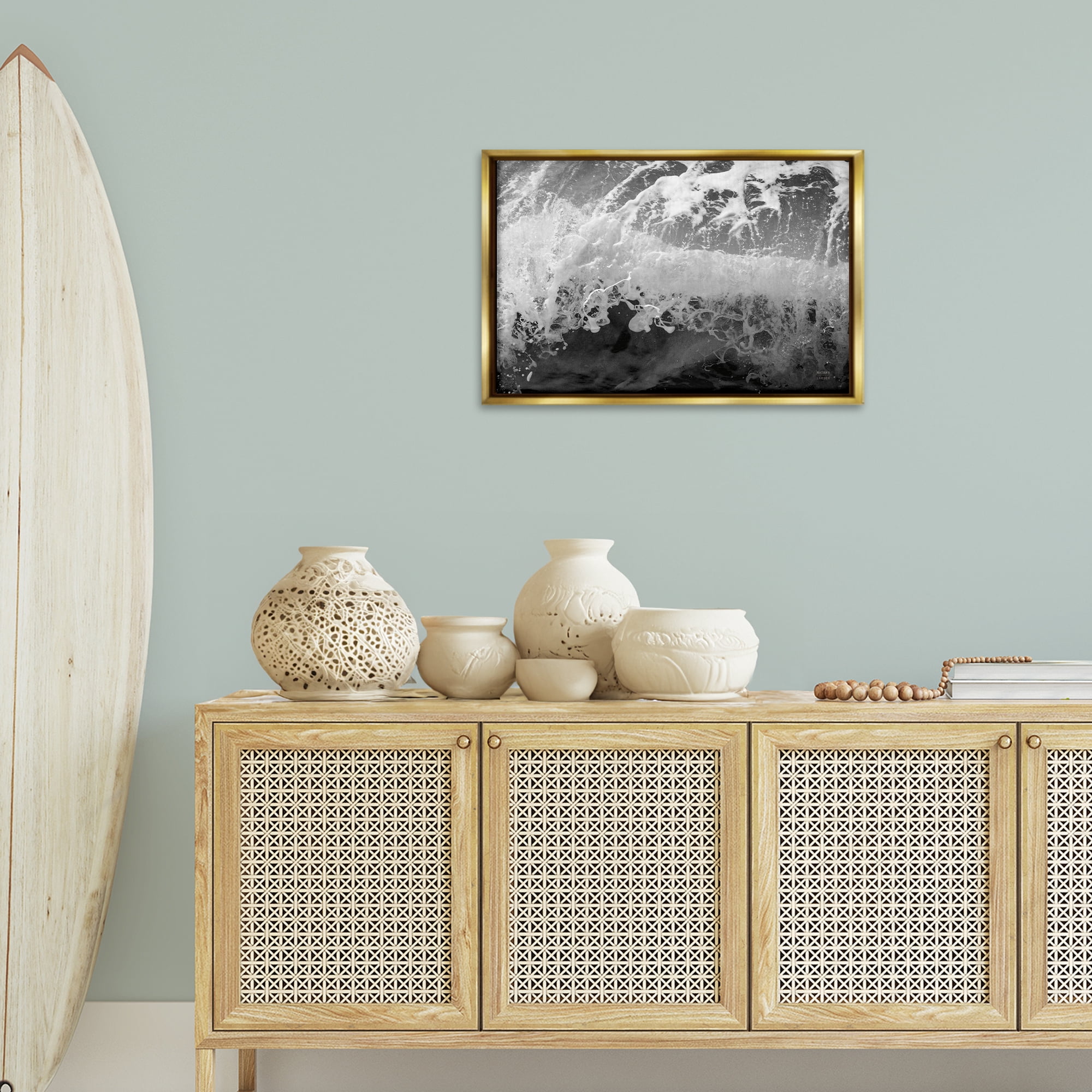 Stupell Industries Pacific Ocean Splash Landscape Photography Gold Floater Framed Canvas Art Print Wall Art, 25 x 17