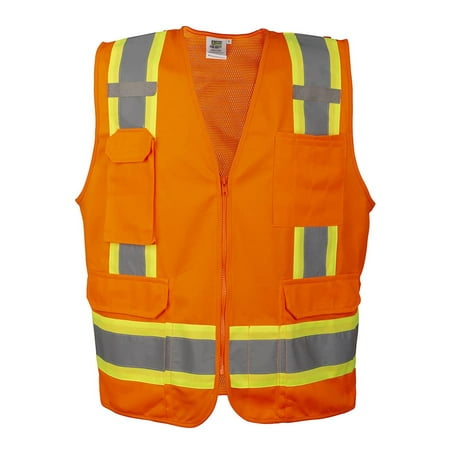 

Cordova VS285-S Type R Class II Orange Surveyors Vest Solid Front And Mesh Back Two-Tone Contrasting Trim/Reflective Stripes Zipper Closure Multiple Pockets Small