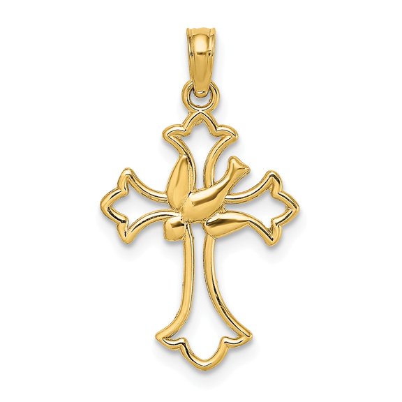 FB Jewels 14K Yellow Gold Cross with Dove Center Cut Out and High Polish Pendant