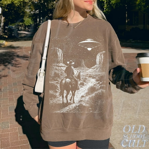 Cowboy and UFO Graphic Sweatshirt | Western Desert Vintage Pullover
