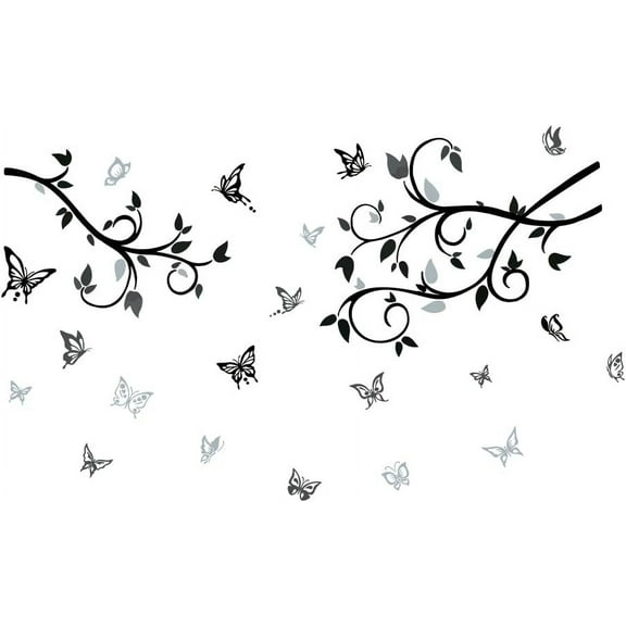 Black Branch Wall Stickers with Butterflies Vinyl Removable Peel and Stick Wall Decals Art Picture Decorations Decor for Girls Bedroom Living Room Murals Multi-color