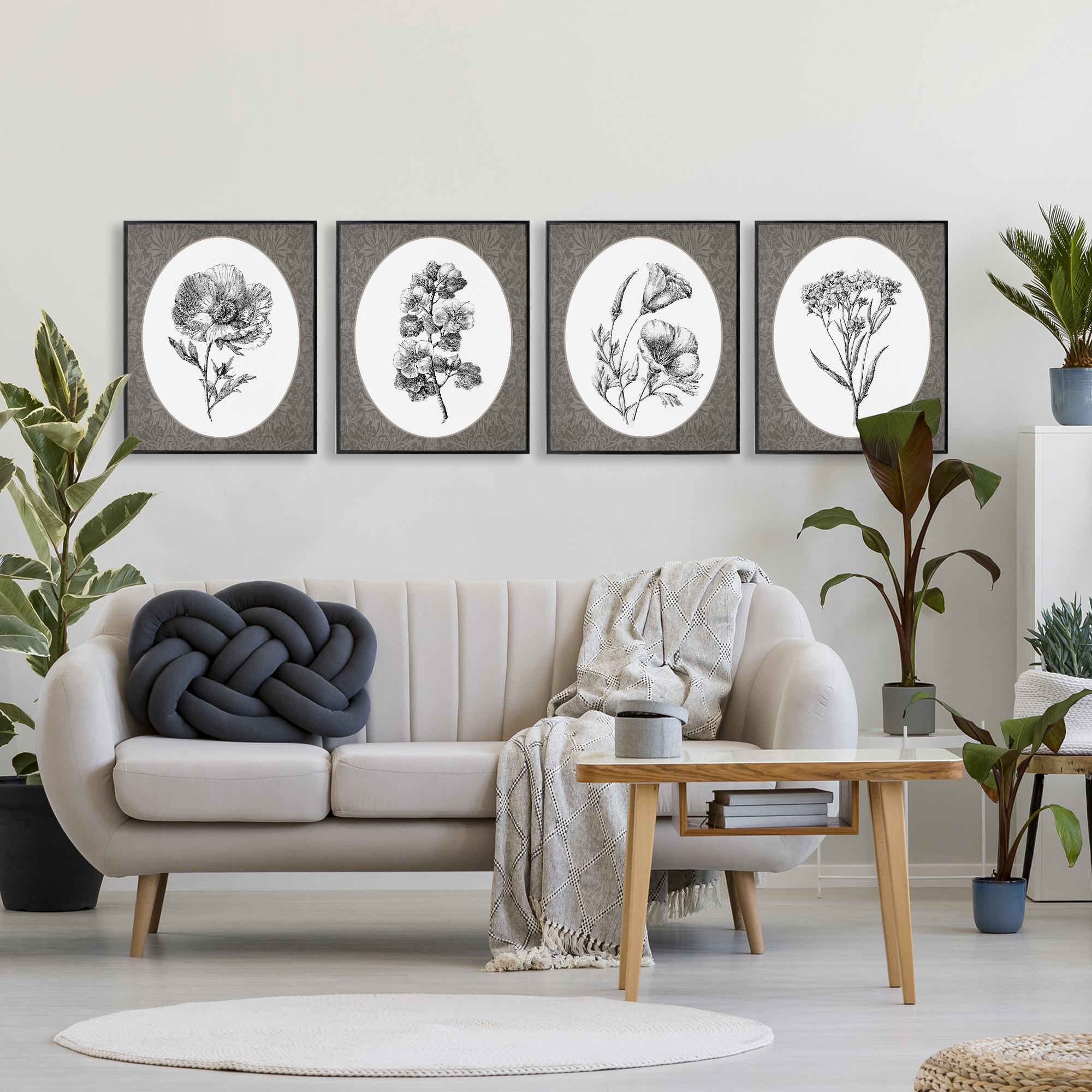 Ornate Blooms over Damask 4 Piece Black Framed Giclee Art Set, design by Lettered and Lined