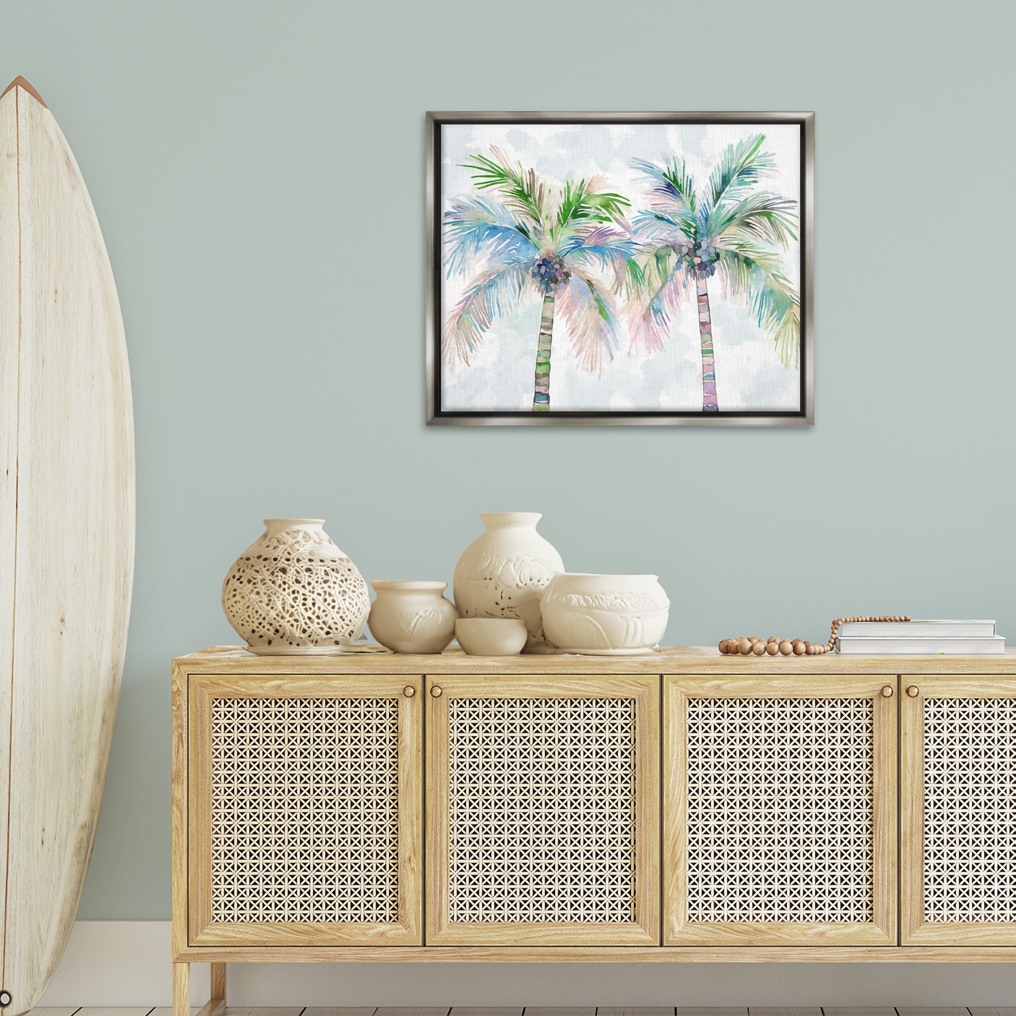 Stupell Industries Soft Palm Tree Pair Botanical & Floral Painting Gray Floater Framed Canvas Art Print Wall Art, 31 x 25
