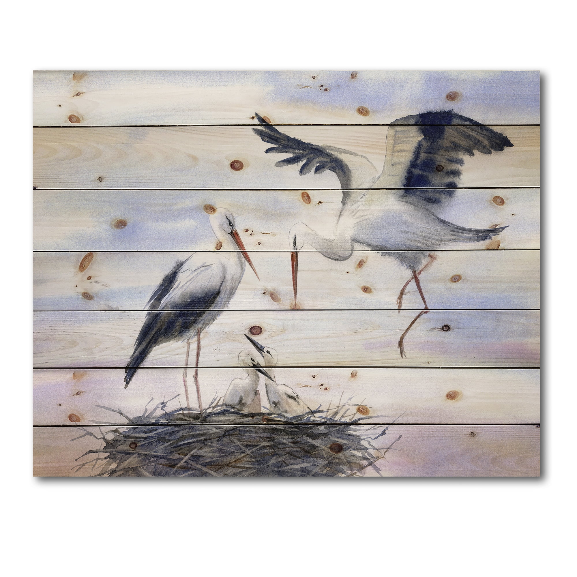 Designart 'Storks With Babies In The Nest' Farmhouse Print on Natural Pine Wood