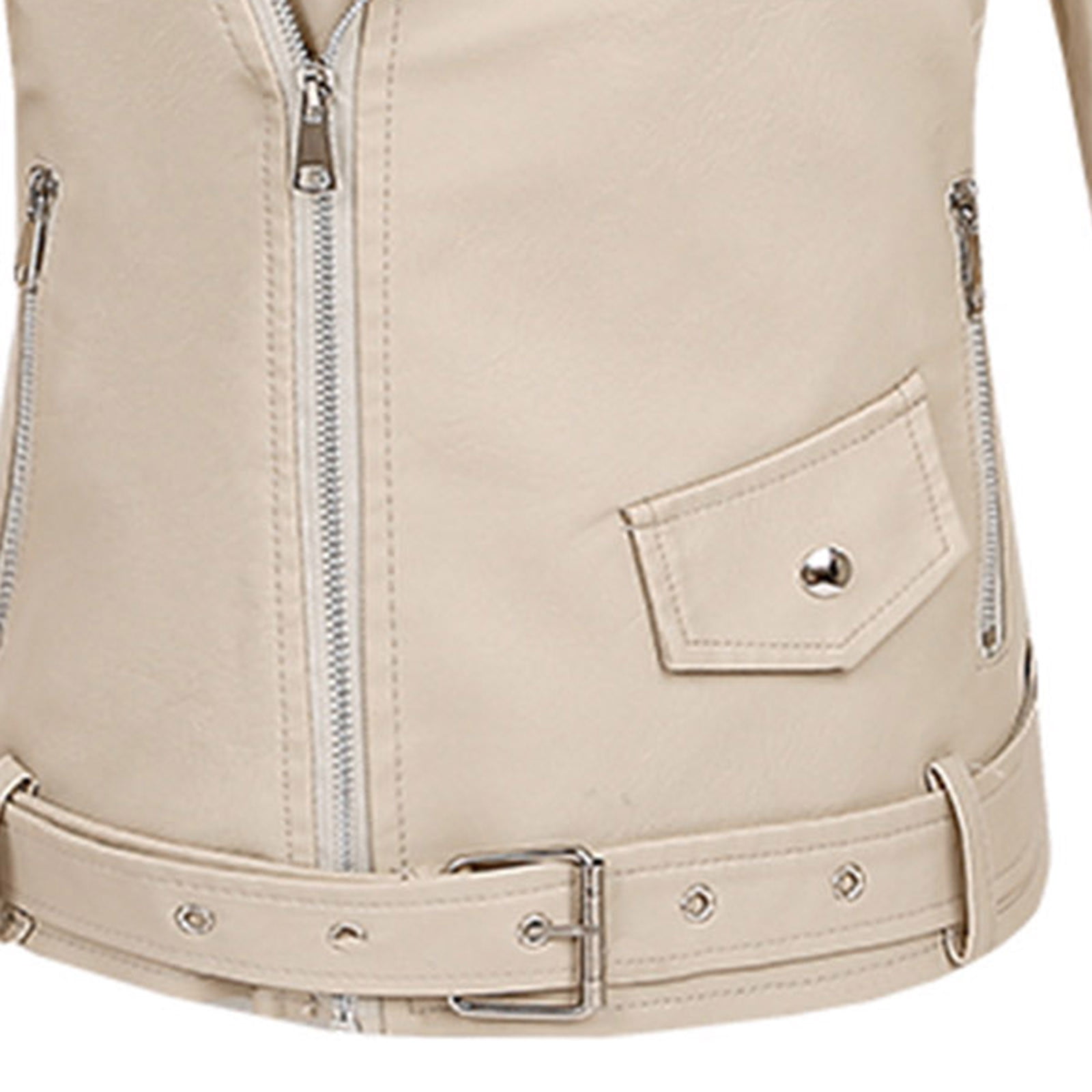 IROINNID Women's Faux Leather Jacket Long Sleeve Notch Lapel Casual Biker Zip Up Jacket,Beige