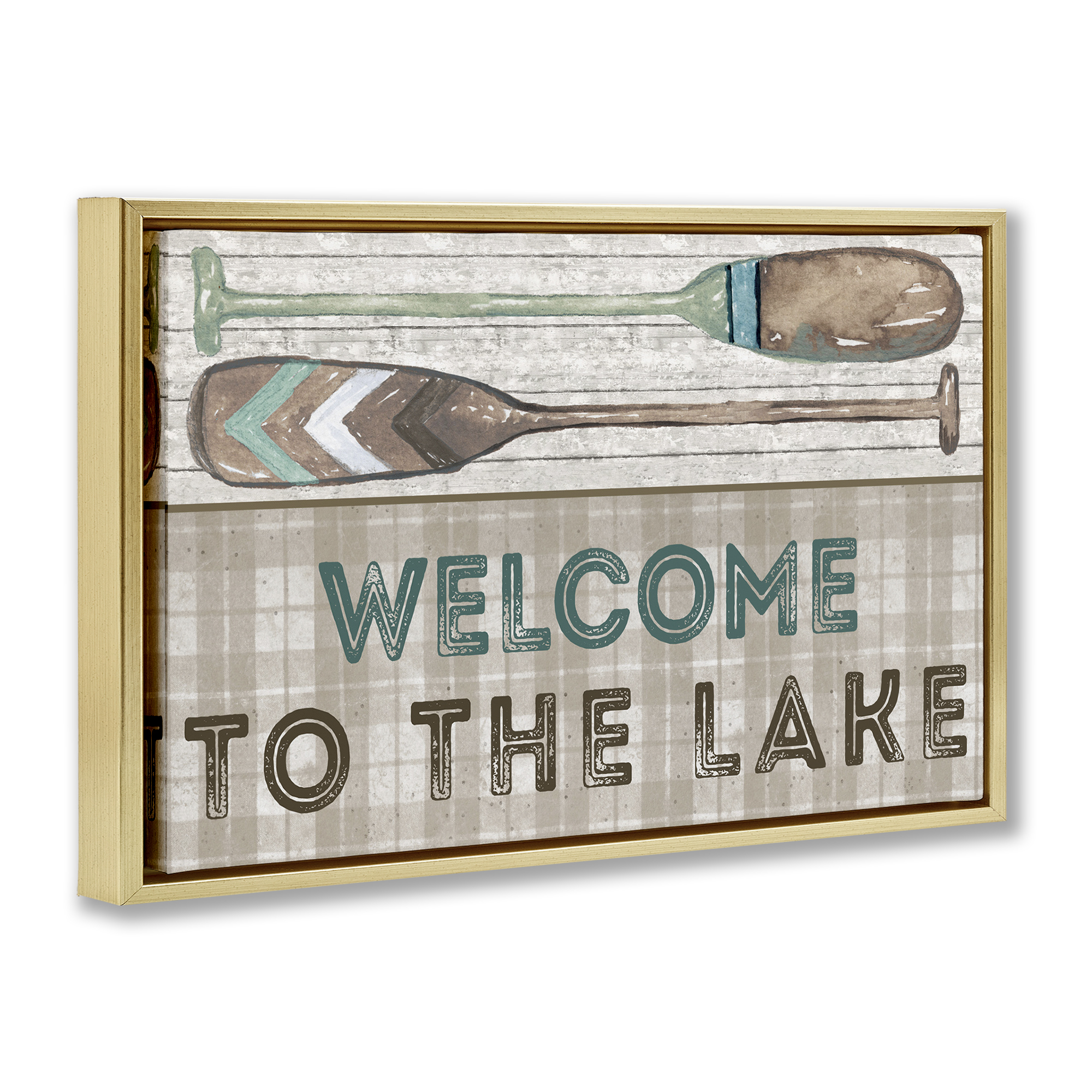 Stupell Industries Rustic Welcome Lake Oars Typography Painting Gold Floater Framed Canvas Art Print Wall Art, 31 x 21
