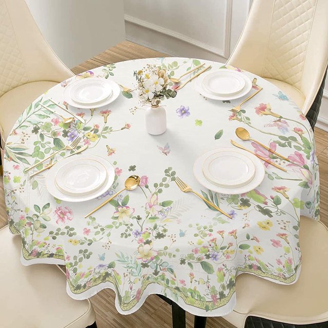 Floral Tablecloth, Wild Flower Table Cloth, Spring Summer Waterproof Wrinkle Free Tablecloth for Outdoor, Picnic, Camping, Patio, Party, Kitchen, Dining Room, Round 60 x 60 inch